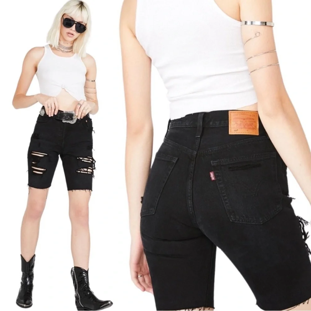 LEVI’S Slouch 501 Distressed Black High Waisted Ripped Denim Long Jean Shorts